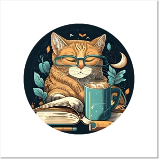 Happy Cat Reading Book - Coffee Cat Cute Kitten Posters and Art